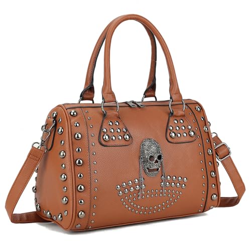 FiveloveTwo Damenhandtaschen Schäde Gothic Rivet Henkeltaschen Tote Schulter Shopper Umhängetasche Braun von FiveloveTwo