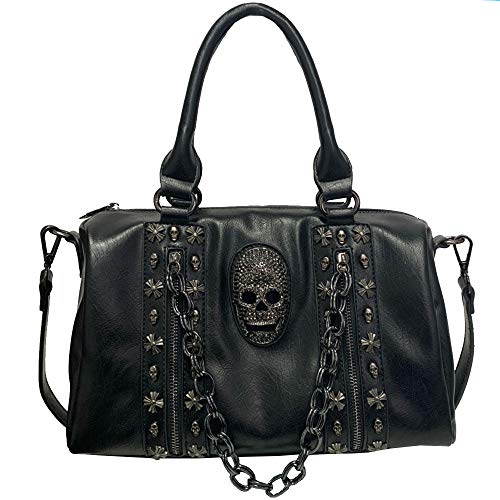 FiveloveTwo Damenhandtaschen Schädelkette Umhängetasche Punk Rivet Henkeltaschen Schulter Shopper Schwarz von FiveloveTwo