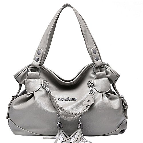 FiveloveTwo Frauen Damen PU Leder Schultertasche Shopper Umhängetasche Große Quaste Handtasche und Geldbörsen Grau von FiveloveTwo