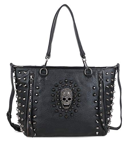 FiveloveTwo Schädel Handtasche und Umhängetasche für Damen Gothic Niet Henkeltaschen Mehrzweck PU Schultertaschen Shopper Schwarz von FiveloveTwo