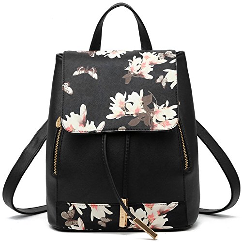 FiveloveTwo Wasserdichte Schultertasche Shopper Tragetaschen Umhängetasche Damen Mädchen Rucksackhandtaschen Rucksack Schule, Schwarze Blume, 6 von FiveloveTwo