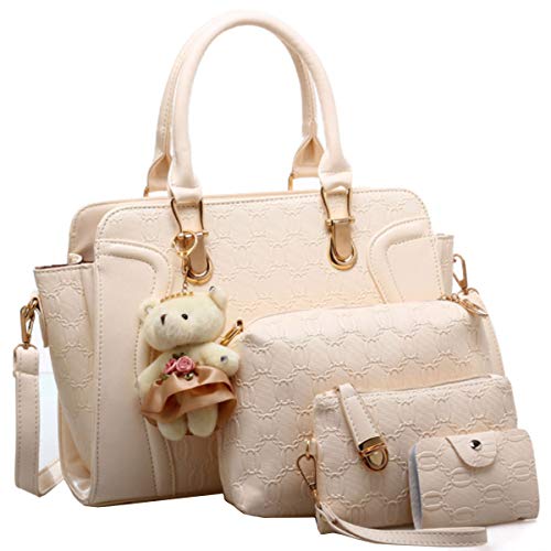 FiveloveTwoDamen 4Tlg. Handtaschen Set Umhängetasche Schultertasche Tasche PU Shopper Clutch Kartenhalter Geldbörse Tragetasche mit Bär Ornamente (Beige) von FiveloveTwo