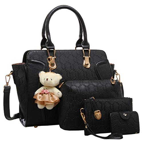 FiveloveTwoDamen 4Tlg. Handtaschen Set Umhängetasche Schultertasche Tasche PU Shopper Clutch Kartenhalter Geldbörse Tragetasche mit Bär Ornamente (Black) von FiveloveTwo