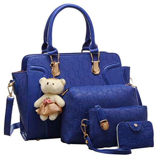 FiveloveTwoDamen 4Tlg. Handtaschen Set Umhängetasche Schultertasche Tasche PU Shopper Clutch Kartenhalter Geldbörse Tragetasche mit Bär Ornamente (Blue) von FiveloveTwo