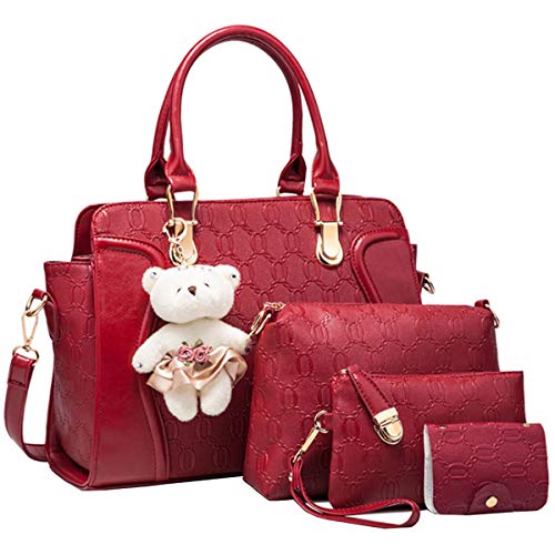 FiveloveTwoDamen 4Tlg. Handtaschen Set Umhängetasche Schultertasche Tasche PU Shopper Clutch Kartenhalter Geldbörse Tragetasche mit Bär Ornamente (Burgundy) von FiveloveTwo