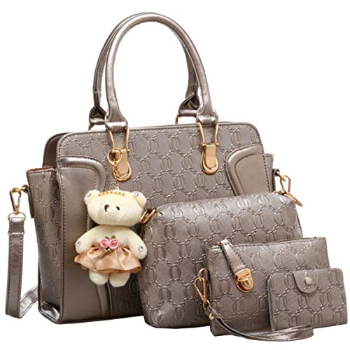 FiveloveTwoDamen 4Tlg. Handtaschen Set Umhängetasche Schultertasche Tasche PU Shopper Clutch Kartenhalter Geldbörse Tragetasche mit Bär Ornamente (Champagne) von FiveloveTwo