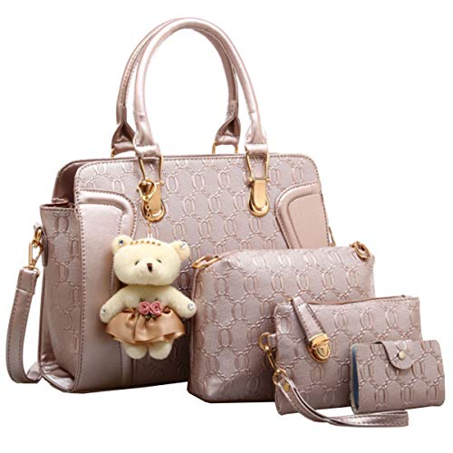 FiveloveTwoDamen 4Tlg. Handtaschen Set Umhängetasche Schultertasche Tasche PU Shopper Clutch Kartenhalter Geldbörse Tragetasche mit Bär Ornamente (Rose Gold) von FiveloveTwo