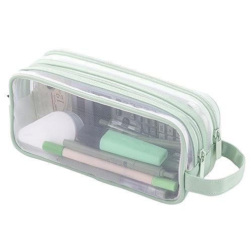 Fivetoo Durchsichtiges Netz-Federmäppchen, Reißverschluss, transparent, 2 Fächer, Make-up-Tasche, Kosmetiktasche für Teenager, Studenten, lichtgrün, 1 von Fivetoo