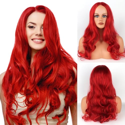 Fivtsme Rote Perücke Damen, Gewellte Perücken für Frauen, 24 Zoll Perücke Weinrot Lang, Langhaarperücke Damen Rot, Perücke Karneval Damen Lang,Synthetische Perücke Lang für Tägliche Kostüm Party (Rot) von Fivtsme
