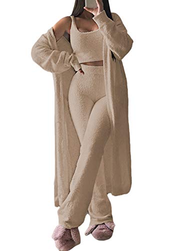 Fixmatti Damen Fuzzy 3 Stück Sweatsuit Open Front Cardigan Crop Tank Tops Wide Legs Pants Lounge Sets - Braun - Klein von Fixmatti