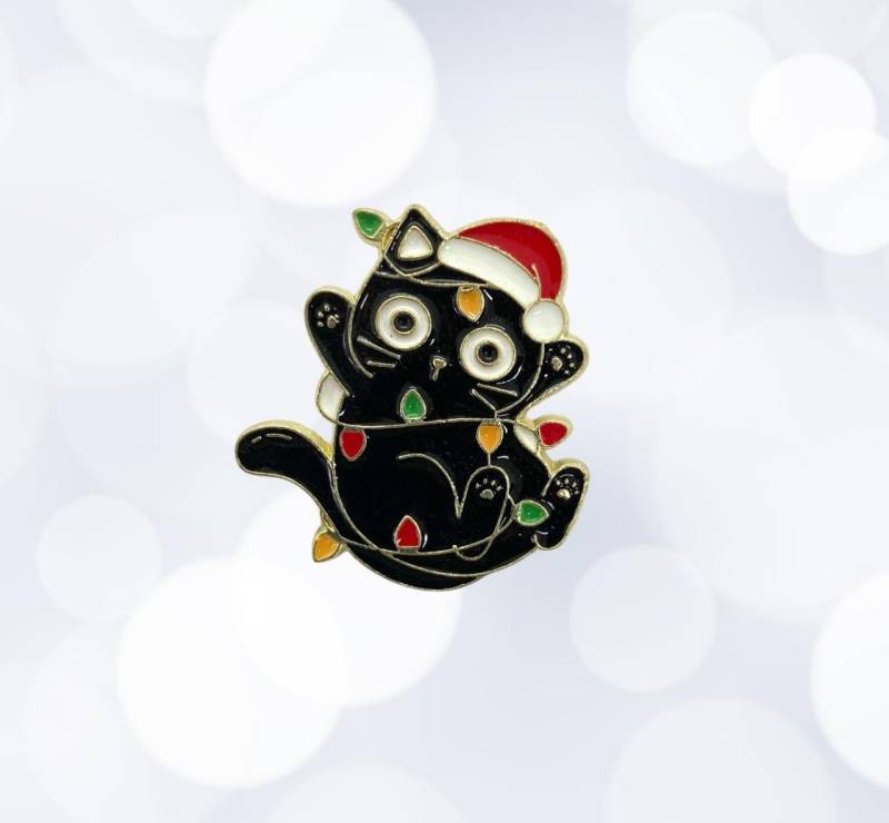 Emaille Brosche Mit Katze Lichterkette - Anstecknadel | Nicht Nur Für Katzenfans von FixundFarbig