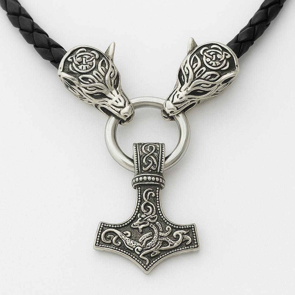 Halskette | Kunstleder Mit "Thors, S Hammer" Anhänger Und Fenriswolfsköpfen Halskette | Kunstleder Mit "Thors, S Hammer" Anhänger Und Fenriswolfsköpfen von Fjellanddesign