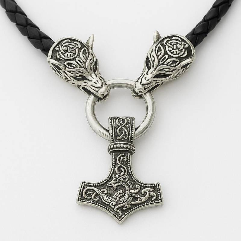 Halskette | Kunstleder Mit "Thors, S Hammer" Anhänger Und Fenriswolfsköpfen von Fjellanddesign