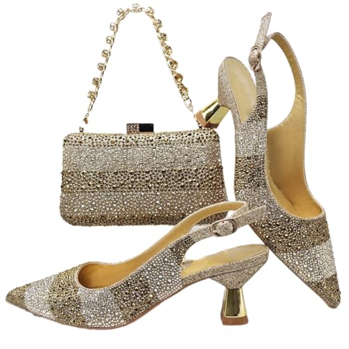 Fjnbbiot Elegante Damenschuhe und Tasche, Set mit hohlen Strasssteinen, High Heels, Keilabsätze, passende Tasche, goldfarben, Größe 38 von Fjnbbiot