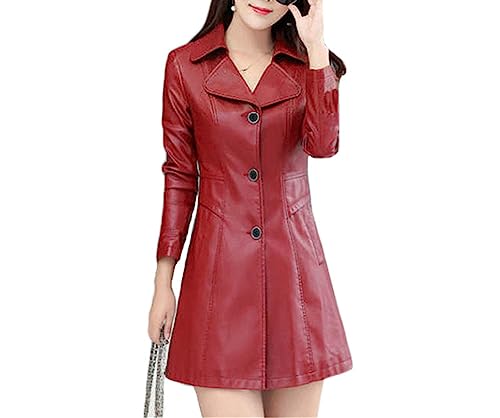 Fjnbbiot Frauen Lange Schlanke Revers Faux Leder Jacken Herbst Winter Mode Temperament Casual Einreiher Moto PU Mäntel von Fjnbbiot
