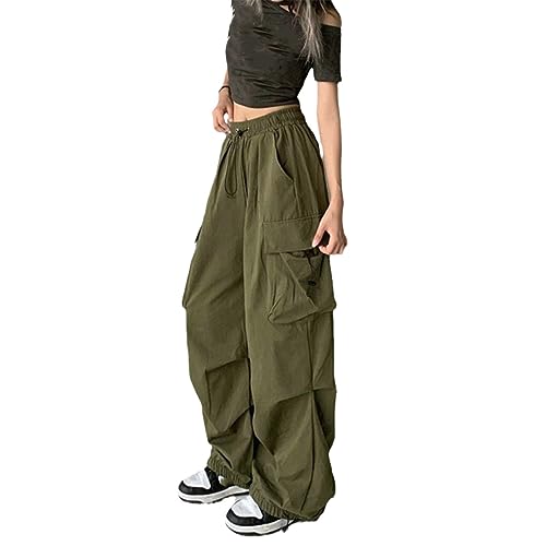 Fjnbbiot Frauen Retro Cargo Hosen Straße Arbeitskleidung Casual Baggy Gerade Hosen Mode Breite Bein Taschen Joggers Hosen Army EN8 L von Fjnbbiot