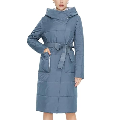 Fjnbbiot Frühling Herbst Mode Lange Frauen Parka Mit Kapuze Gürtel Mantel Winddicht Casual Steppjacke, 725 Gray-EN8, 38 von Fjnbbiot