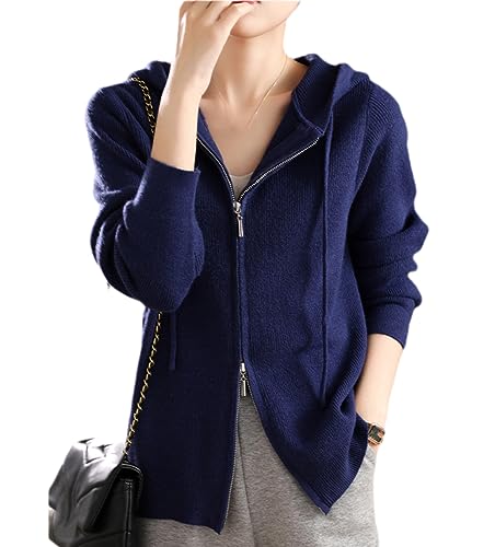 Fjnbbiot Mit Kapuze Kaschmir Äußere Frauen Zipper Strickjacke Herbst Und Winter Verdickt Lose Top Langarm Gestrickte Pullover Navy Blue XL von Fjnbbiot