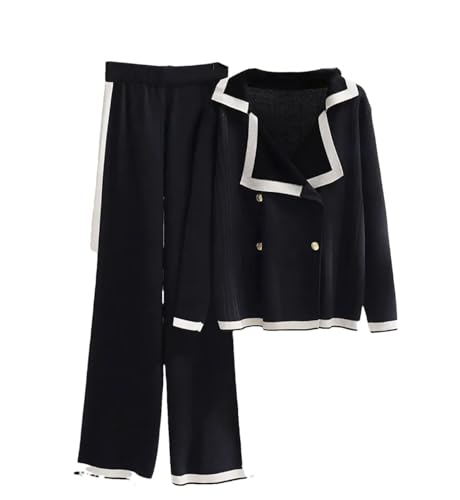 Fjnbbiot Stricken 2 Stück Sets Zweireiher V-Ausschnitt Strickjacke Outfit Hohe Taille Breites Bein Weiche Hose Anzug Elegante Frau Ensemble, Schwarz , 46 von Fjnbbiot