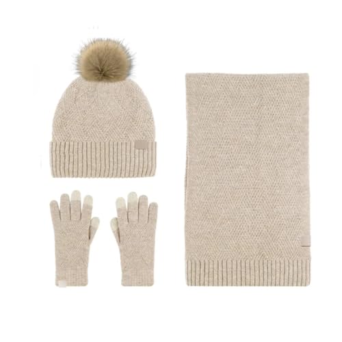 Fjnbbiot Winter Warme Wolle Mütze Schal Handschuhe Set Für Frauen Kabel Beanie Lange Schal Touchscreen Handschuhe 3 In 1 Set, Khaki9, Einheitsgröße von Fjnbbiot