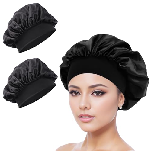 Fjquamitix 2 Stück Satin Bonnet Damen,Elastisch Seidenhaube Zum Schlafen Haarschutz Für Die Nacht,Weich und Atmungsaktiv Schutz Gegen Frizz Satin Haarhaube von Fjquamitix