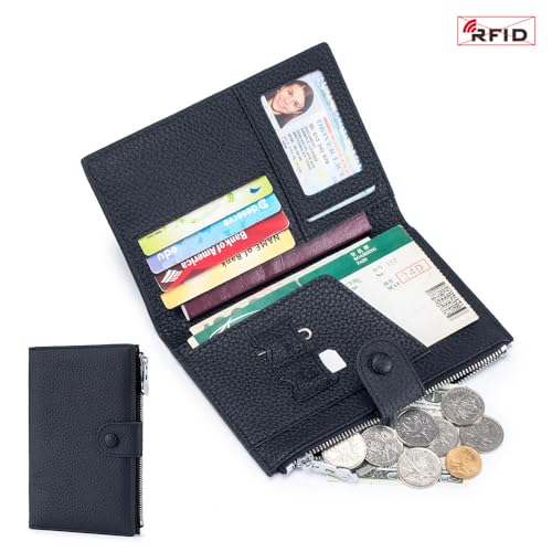 Fjquamitix Geldbörse Damen Klein aus Weichem Leder mit RFID Schutz - Portemonnaie Damen 11×17×1,5cm Ultra-Dünn mit 4 Kartenfächern, Reisepassfach & Münzfach in Schwarz von Fjquamitix