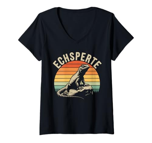 Damen Echsperte Echspertin Lustiger Wortwitz Reptilien T-Shirt mit V-Ausschnitt von Flachwitz Wortspiel Echsperte Echsen Fan