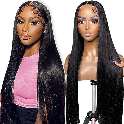 Flady 28 inch Straight HD Lace Front Wigs Human Hair Pre Plucked 180 Density 13x4 Glueless Bone Straight Human Hair Wigs For Black Women Transparent Lace Frontal Wig With Baby Hair von Flady