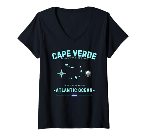 Damen Kapverdische Inseln Cabo Verde Urlaub Atlantik T-Shirt mit V-Ausschnitt von Flag Cape Verde Coat Of Arms GPS Souvenirs