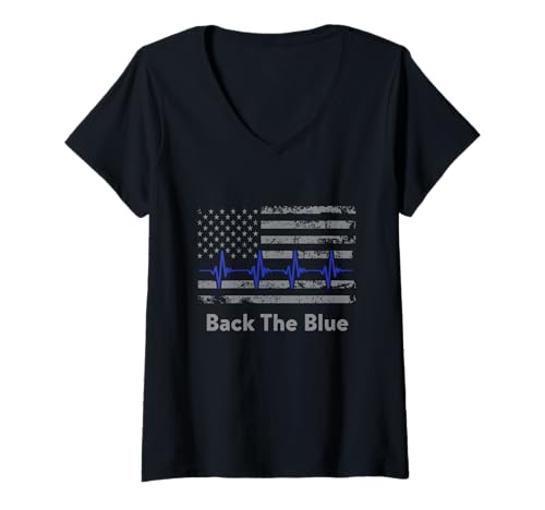 Damen Back The Blue American Flag Heartbeat Police Shirt T-Shirt mit V-Ausschnitt Damen Back The Blue American Flag Heartbeat Police Shirt T-Shirt mit V-Ausschnitt von Flag Heart Police Support