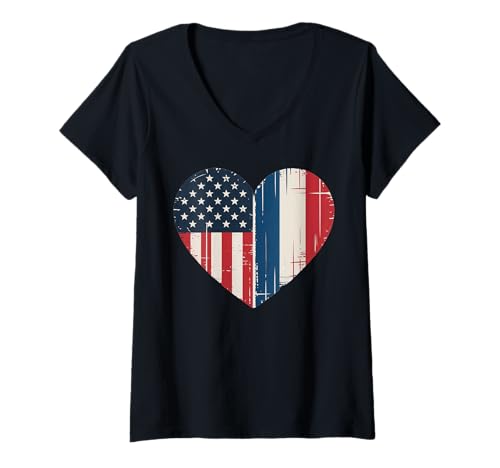 Damen USA Frankreich Herz - Dual Citizenship T-Shirt mit V-Ausschnitt Damen USA Frankreich Herz - Dual Citizenship T-Shirt mit V-Ausschnitt von Flag USA France Heart - Dual Citizenship