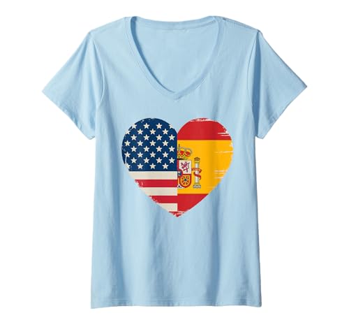 Damen USA Spanien Herz - Dual Citizenship T-Shirt mit V-Ausschnitt von Flag USA Spain Heart - Dual Citizenship
