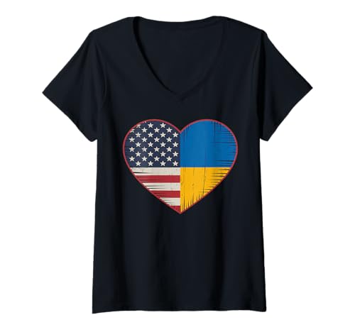 Damen USA Ukraine Heart - Doppelte Staatsbürgerschaft T-Shirt mit V-Ausschnitt von Flag USA Ukraine Heart - Dual Citizenship