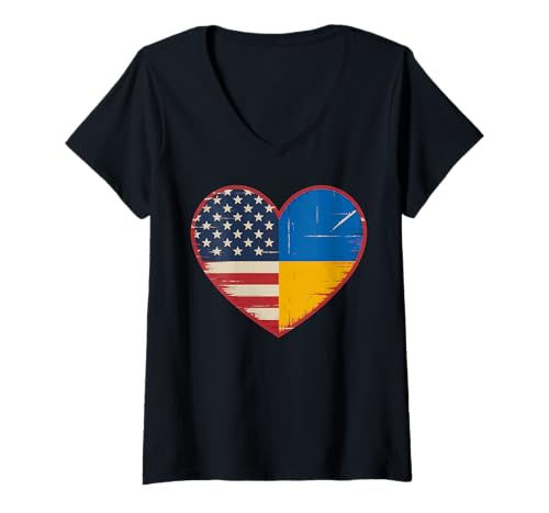 Damen USA Ukraine Heart - Doppelte Staatsbürgerschaft T-Shirt mit V-Ausschnitt von Flag USA Ukraine Heart - Dual Citizenship