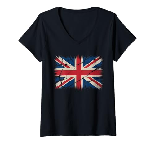 Damen Union Jack Britische Flagge Herz Britisches Vereinigtes Königreich Great T-Shirt mit V-Ausschnitt von Flag United Kingdom UK