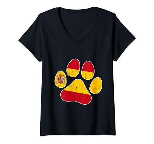 Damen Spanien Flagge Vintage Katze Hund Pfotenabdruck T-Shirt mit V-Ausschnitt Damen Spanien Flagge Vintage Katze Hund Pfotenabdruck T-Shirt mit V-Ausschnitt von Flag in Cat or Dog Paw Shape