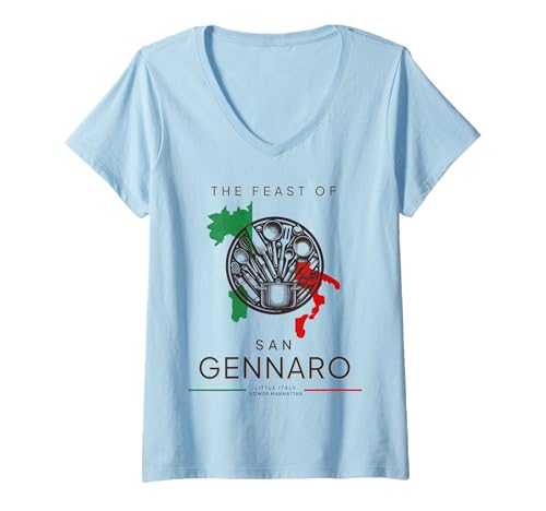 Damen Fest von San Gennaro Little Italy Karte Pasta Italienisches Essen T-Shirt mit V-Ausschnitt Damen Fest von San Gennaro Little Italy Karte Pasta Italienisches Essen T-Shirt mit V-Ausschnitt von Flag of Italy New York Italian Heritage Feast