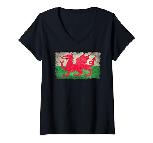 Damen Walisische Flagge von Wales Grungy Style T-Shirt mit V-Ausschnitt von Flags and Symbols