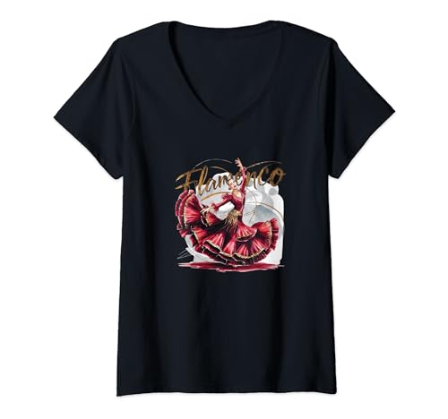 Damen Flamenco Tänzerin in Rot Traditioneller Spanischer Tanz T-Shirt mit V-Ausschnitt Damen Flamenco Tänzerin in Rot Traditioneller Spanischer Tanz T-Shirt mit V-Ausschnitt von Flamenco Dancer