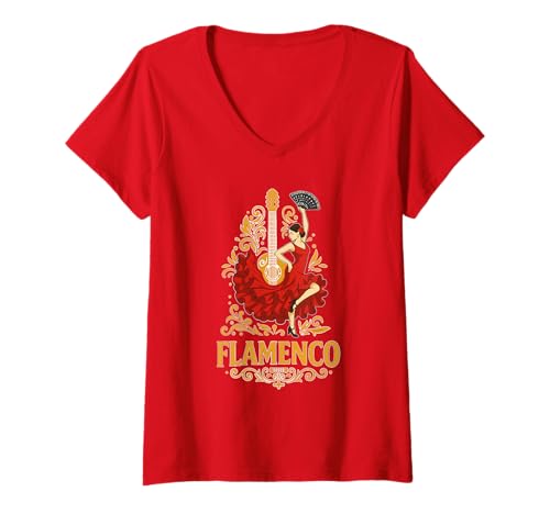 Damen Flamenco-Tänzerin und Gitarre Spanien Rot T-Shirt mit V-Ausschnitt Damen Flamenco-Tänzerin und Gitarre Spanien Rot T-Shirt mit V-Ausschnitt von Flamenco graphics for Spain lovers