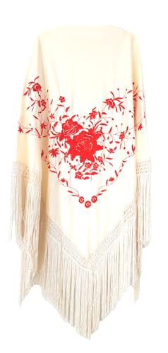 Flamifeel Flamenco-Schal, bestickt, groß, 200/130/25 cm, Weiß / Rot, 46 von Flamifeel