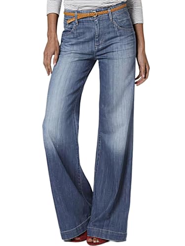 Flamingals Weites Bein Jeans für Damen, Stretch, niedrige Taille, Baggy-Jeans, Bootcut-Jeans, ausgestelltes Bein, Denim-Hose ohne Gürtel, Wash Mid Blue, M von Flamingals