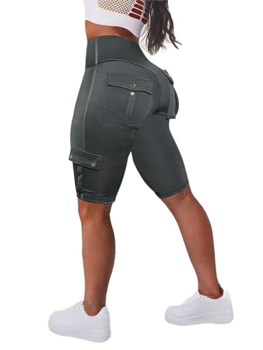 Flamingals Butt Lifting Biker-Shorts für Damen, hohe Taille mit Pattentasche, Workout-Shorts, Laufshorts, Grau, XX-Large von Flamingals