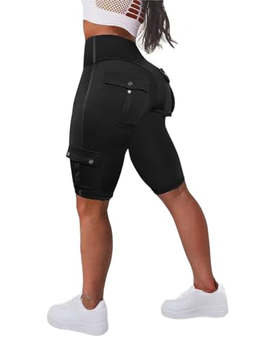 Flamingals Butt Lifting Biker-Shorts für Damen, hohe Taille mit Pattentasche, Workout-Shorts, Laufshorts, Schwarz, Groß von Flamingals