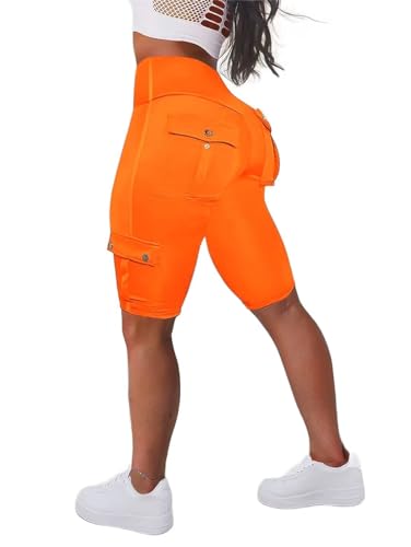 Flamingals Butt Lifting Biker Shorts für Frauen Hohe Taille mit Klappentasche Workout Shorts Laufshorts, Orange/Abendrot im Zickzackmuster (Sunset Chevron), Groß von Flamingals