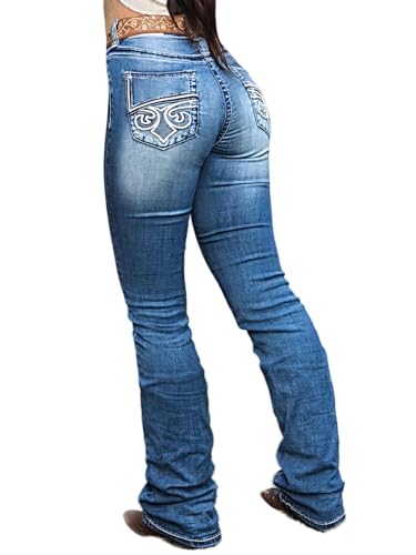 Flamingals Butt Lifting Jeans für Frauen Stretch Mid Waist Boot Cut Jeans Raw Hem Denim Pants, J-mid Blau-Stickerei, Groß von Flamingals