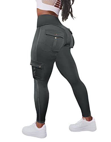 Flamingals Butt Lifting Leggings mit Pattentaschen Workout Cargo Leggings für Frauen, Grau, M von Flamingals