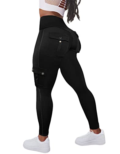 Flamingals Leggings zum Anheben des Pos mit Pattentaschen, Workout-Cargo-Leggings für Damen, Schwarz, L von Flamingals