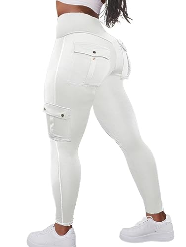 Flamingals Butt Lifting Leggings mit Pattentaschen Workout Cargo Leggings für Frauen, Weiß, L von Flamingals