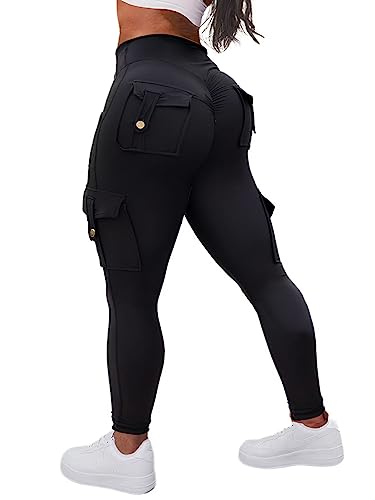 Flamingals Cargo-Leggings für Damen, hohe Taille, Po-Heben, Cargo-Sporthose mit flacher Tasche, Schwarz, XX-Large von Flamingals